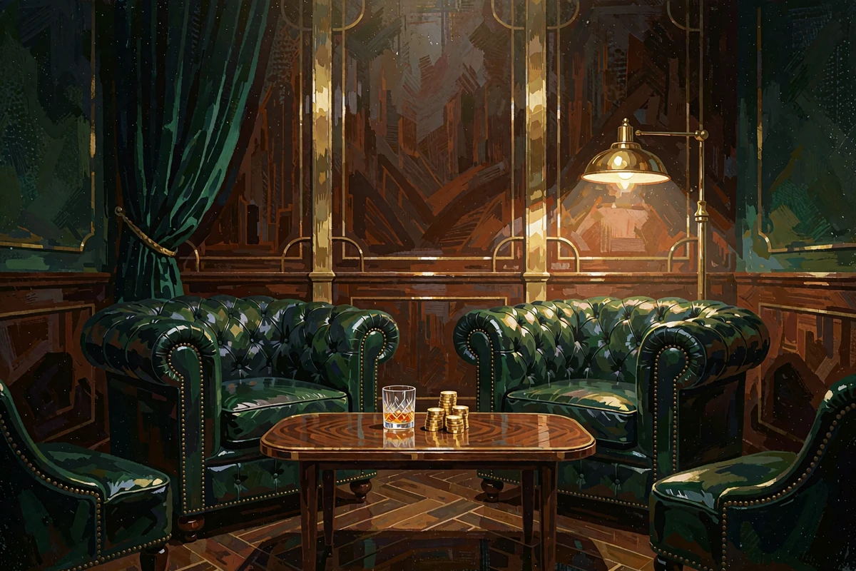 Prywatny salon dla członk&oacute;w z zielonymi fotelami chesterfield, szklanką whisky i stosem żeton&oacute;w - klimat programu VIP Loyalty Ranks